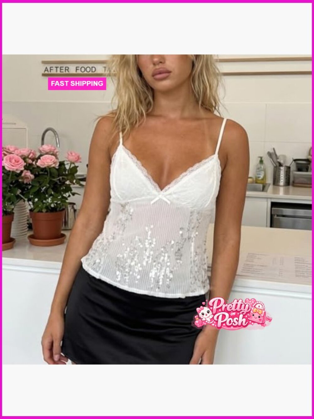 Sequin Cami Top Sheer See Through Backless Crop Tank Top Sparkly Flowy Camisole - Picture 6 of 6